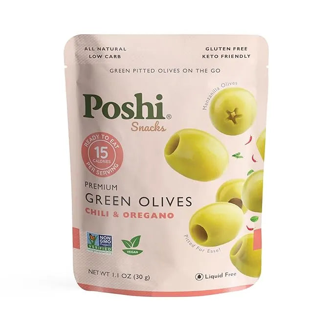Poshi Chili & Oregano Olives (10 ct, 1 oz) single serve office snack