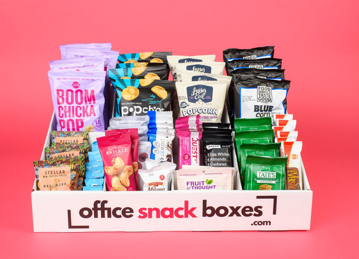 An Office Snack Boxes 150-snack delivery box filled with individually wrapped snacks for a small office