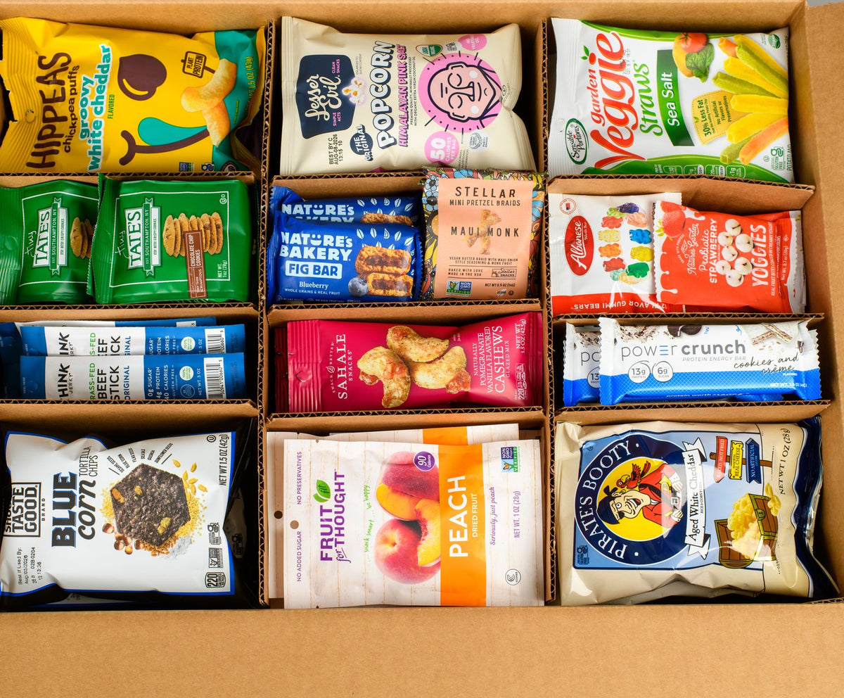 Open office snack box showing fifteen kinds of individually wrapped snacks for a Seattle break room